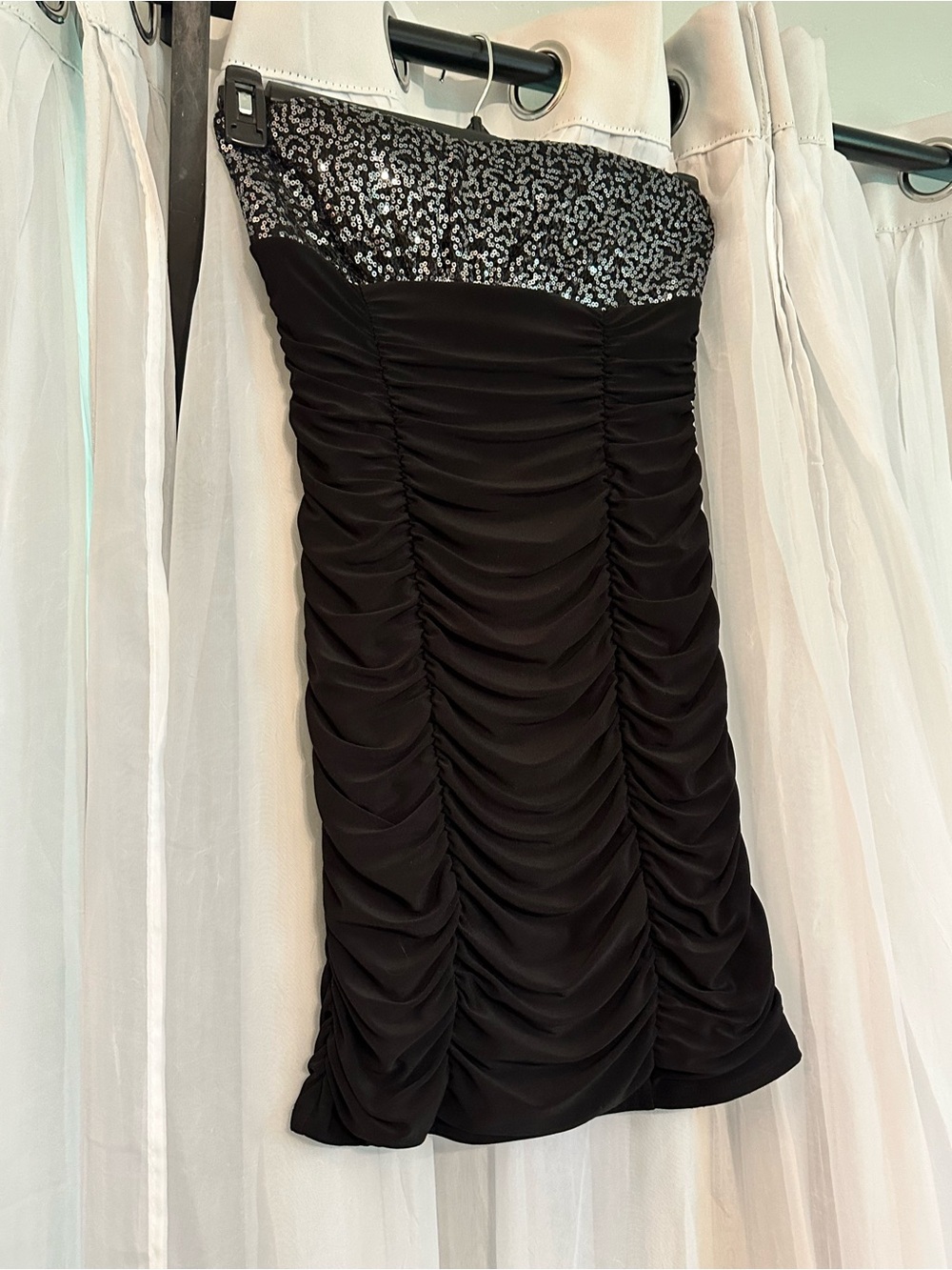Wish Black Strapless Ruched Dress with Silver Sequin Bodice